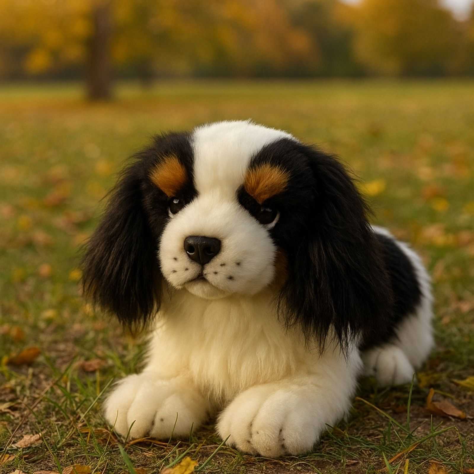 a really cute handmade realistic plush puppy in a lying position