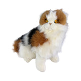 a sitting Calico cat and is a realistic soft plush toy