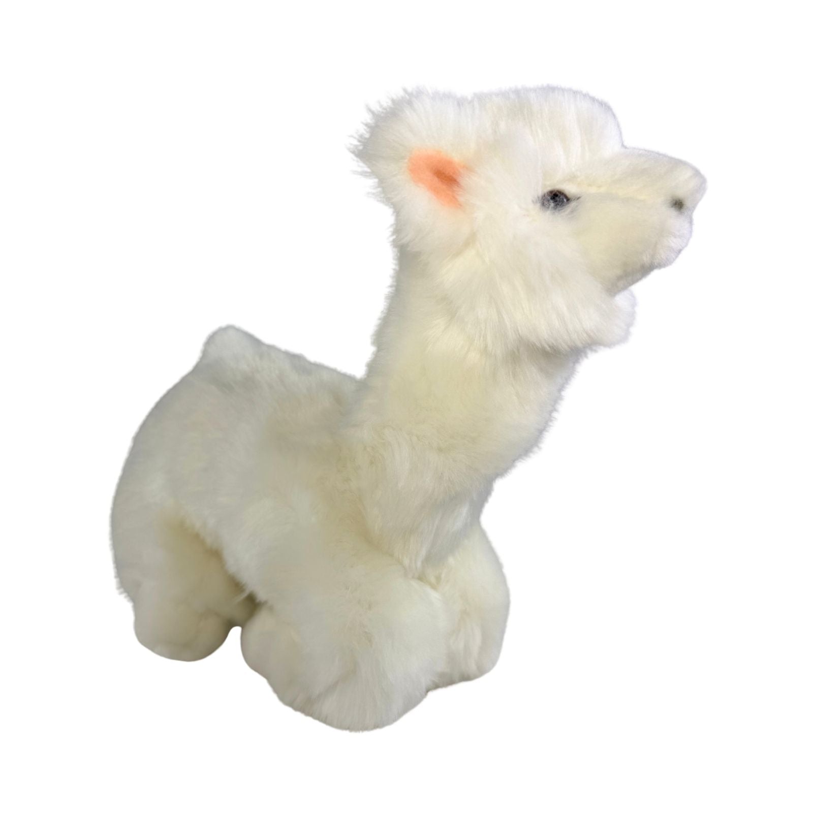 a charming white stuffed plush toy alpaca in a lying position