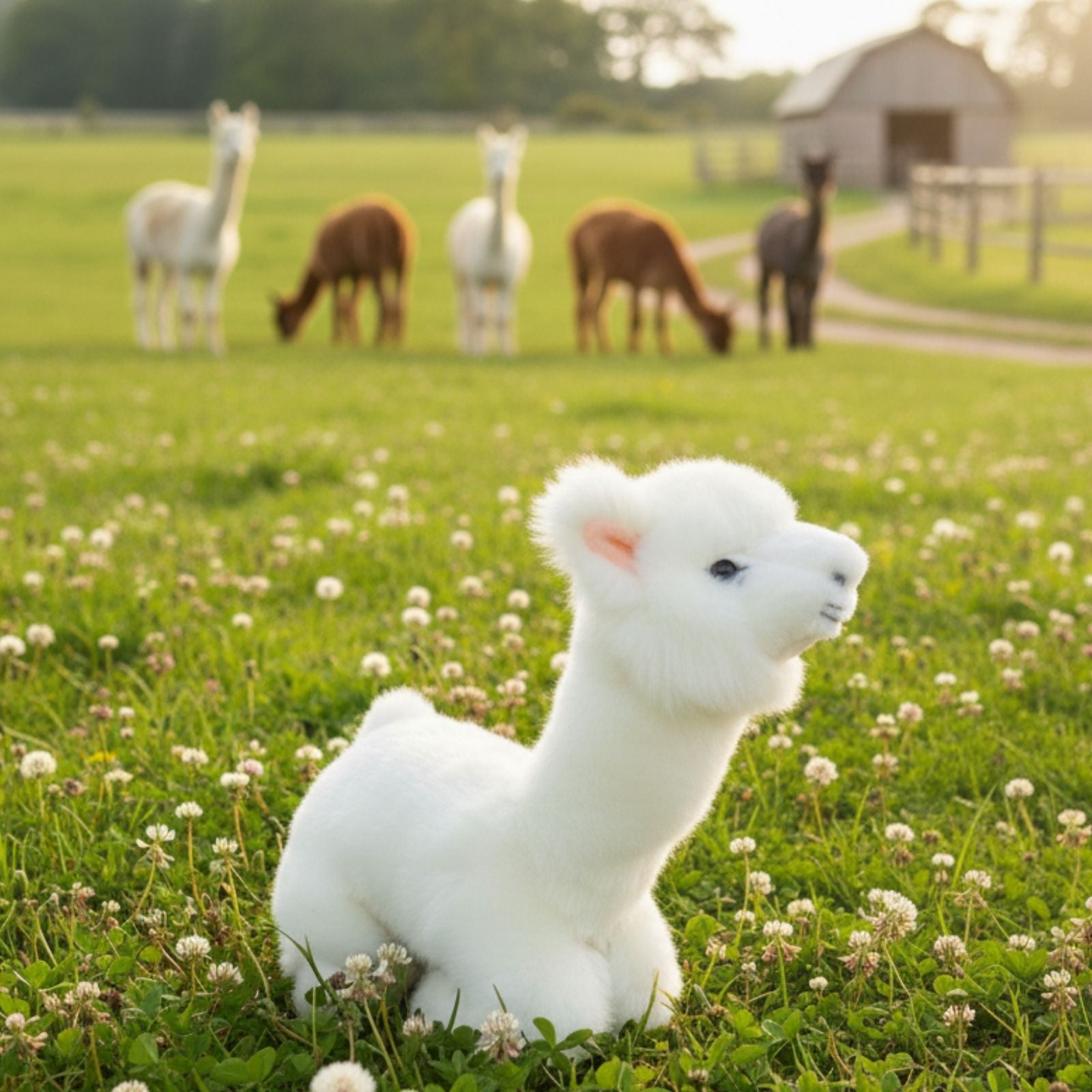a charming white stuffed plush toy alpaca in a lying position