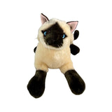 a crouching Siamese cat and is a realistic soft plush animal.