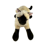 a crouching Siamese cat and is a realistic soft plush animal.