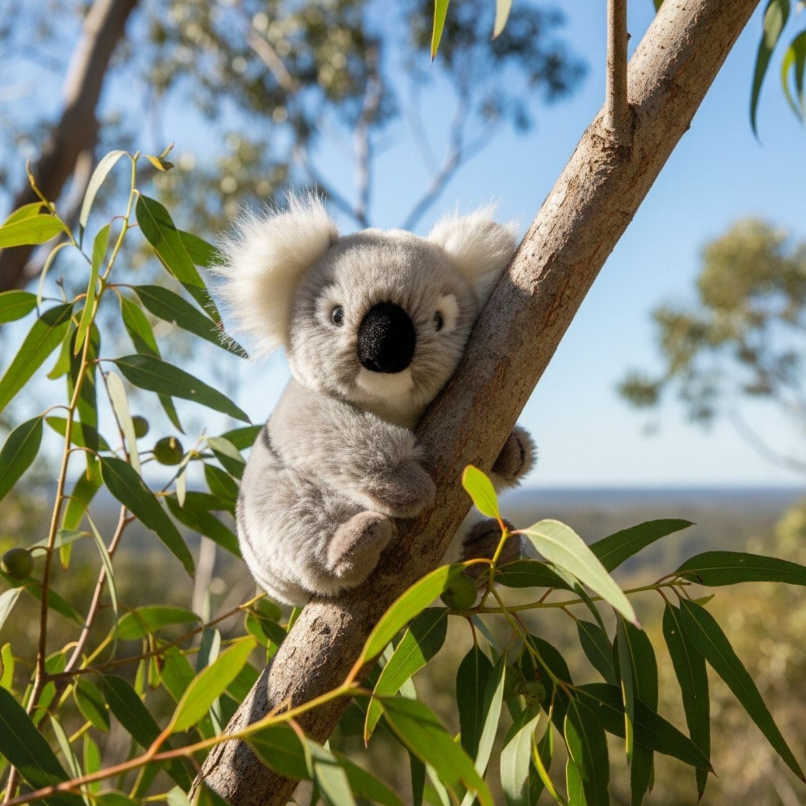  plush koala toy in a sitting position in a tree
