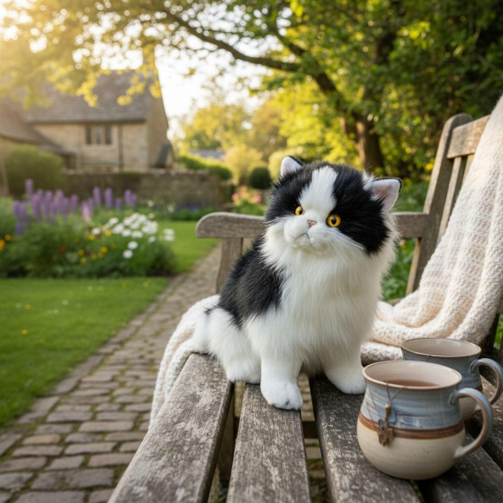 a sitting Piebald cat in white and black colour and is a realistic soft plush toy