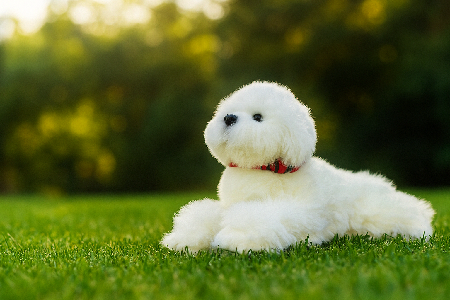 a realistic fluffy white plush dog toy in a lying position