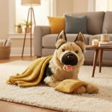an extra-large quality handmade realistic German Shepherd plush toy in a lying position