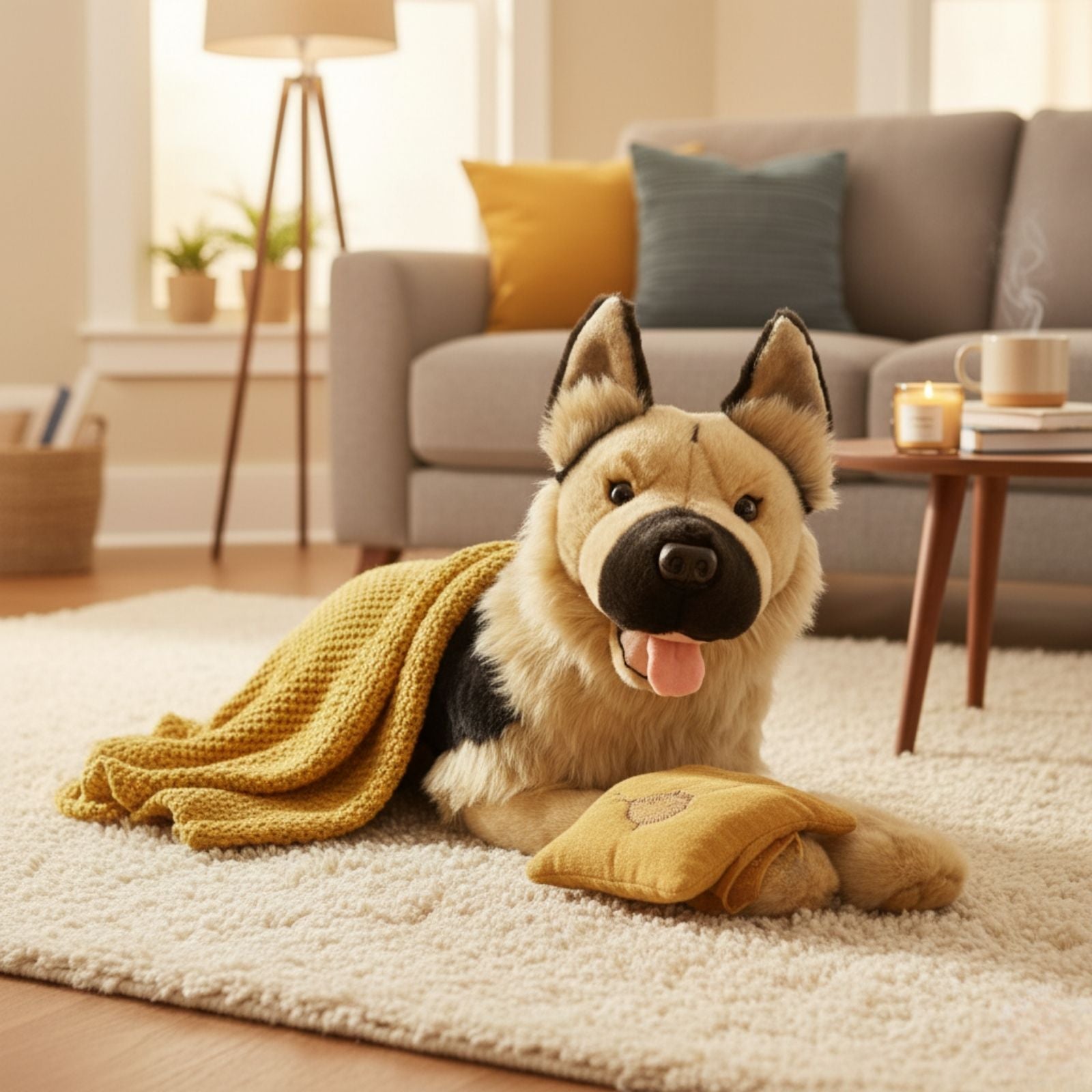 an extra-large quality handmade realistic German Shepherd plush toy in a lying position