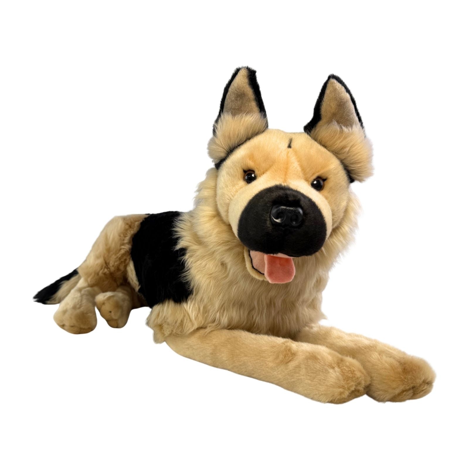 an extra-large quality handmade realistic German Shepherd plush toy in a lying position