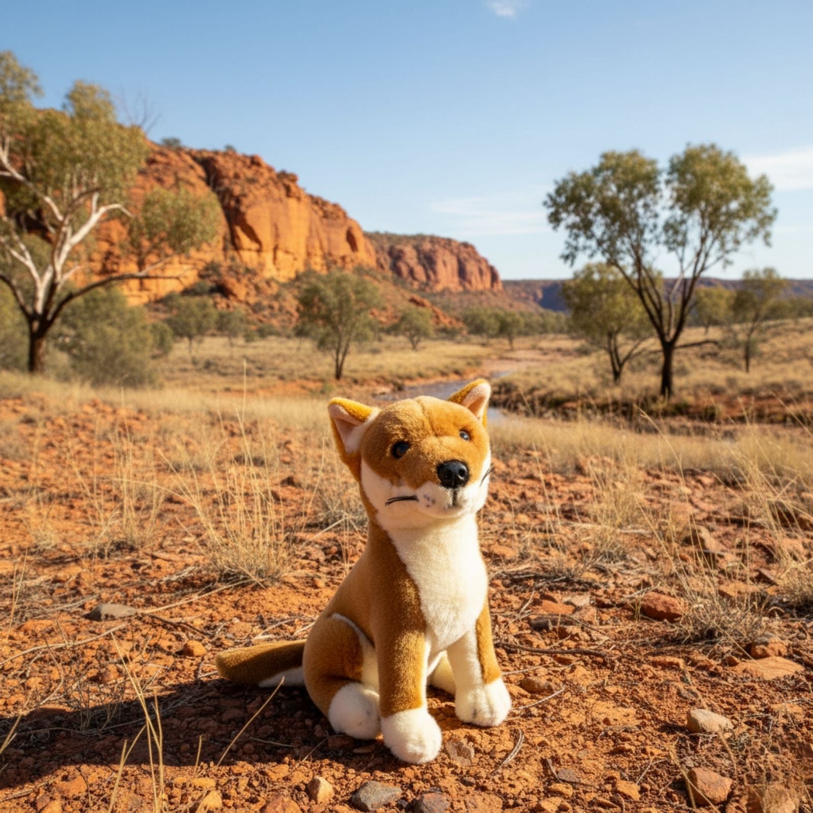 A brown realistic soft plush toy black and tan dingo in a sitting position in a wild