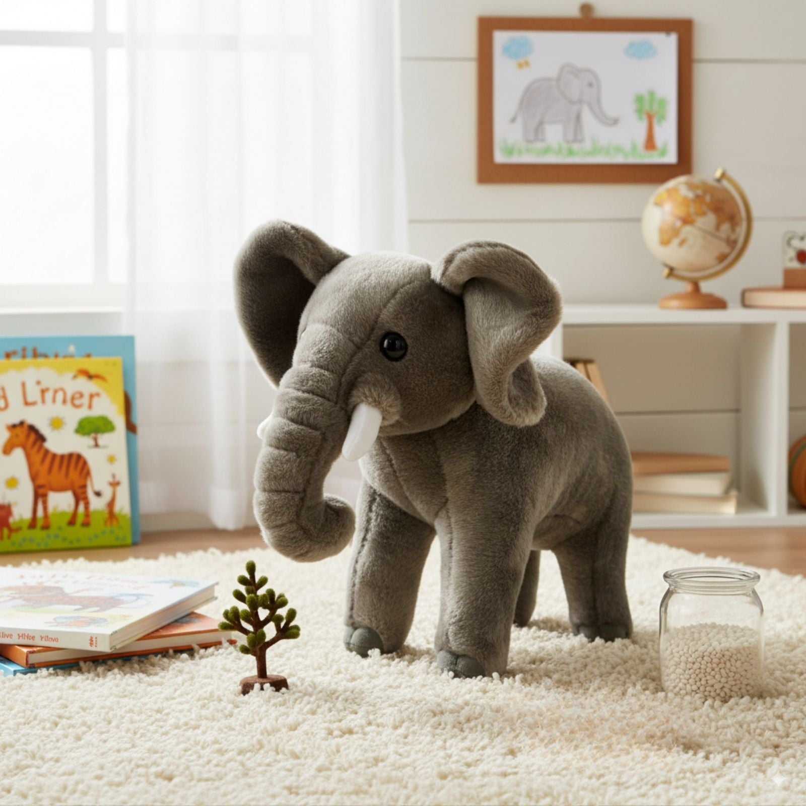 Soft plush toy elephant standing in the room