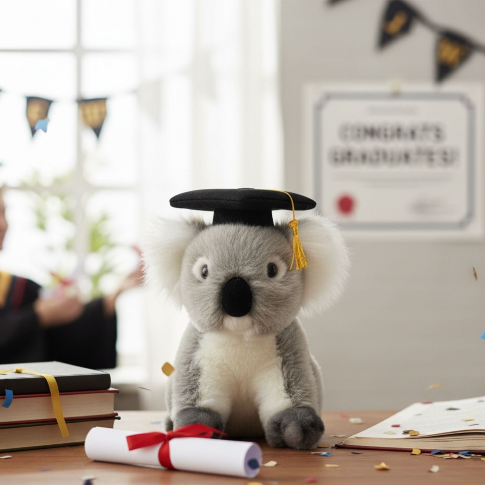 Athena Koala plush toy wearing a graduation hat