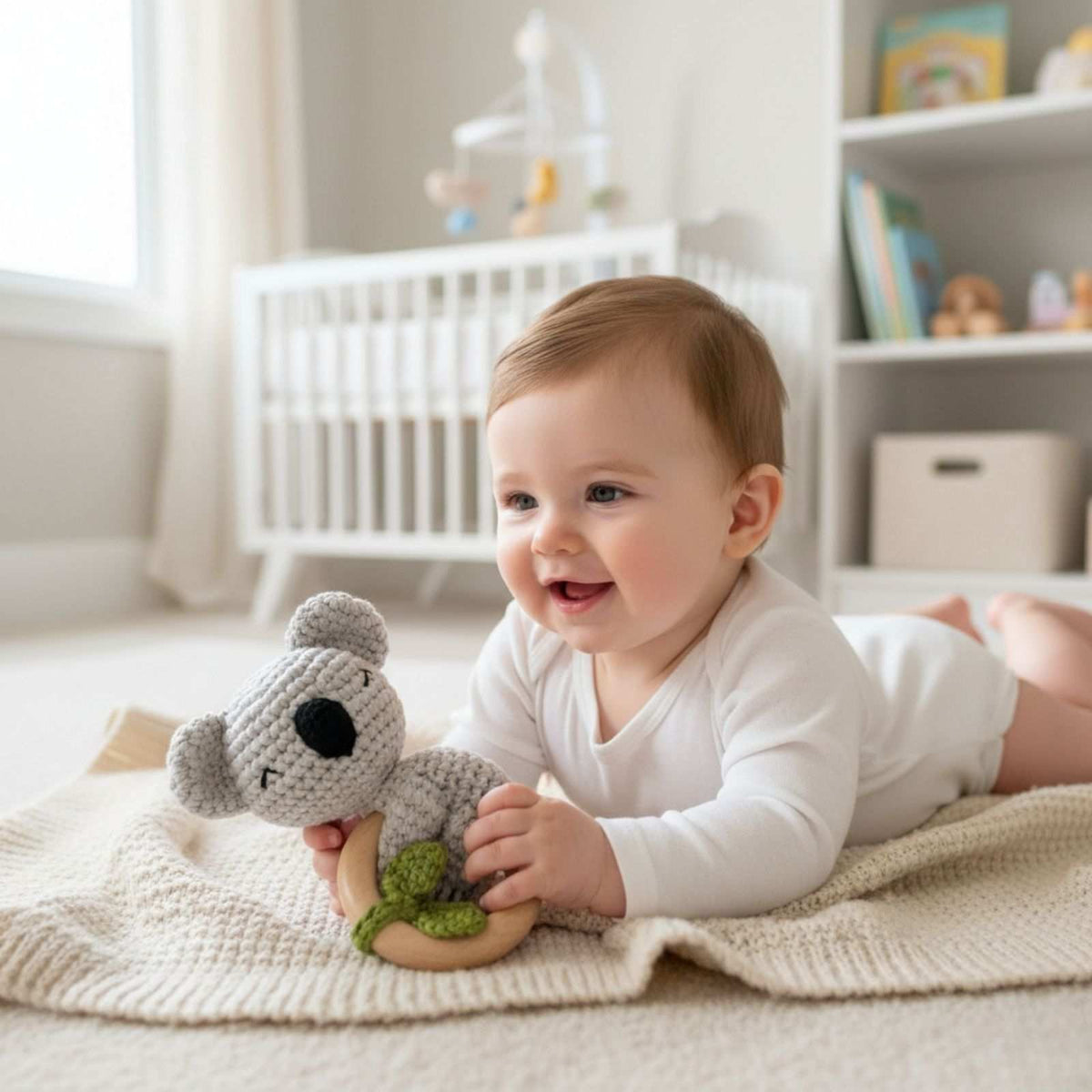 Baby holding knitted koala wooden teether ring
