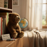 soft plush toy brown bear sitting in the cabinet 