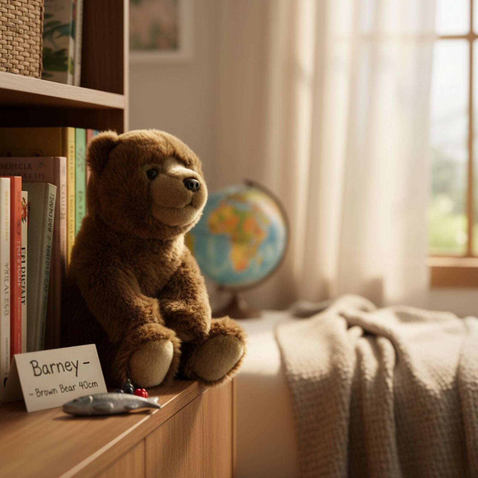 soft plush toy brown bear sitting in the cabinet 