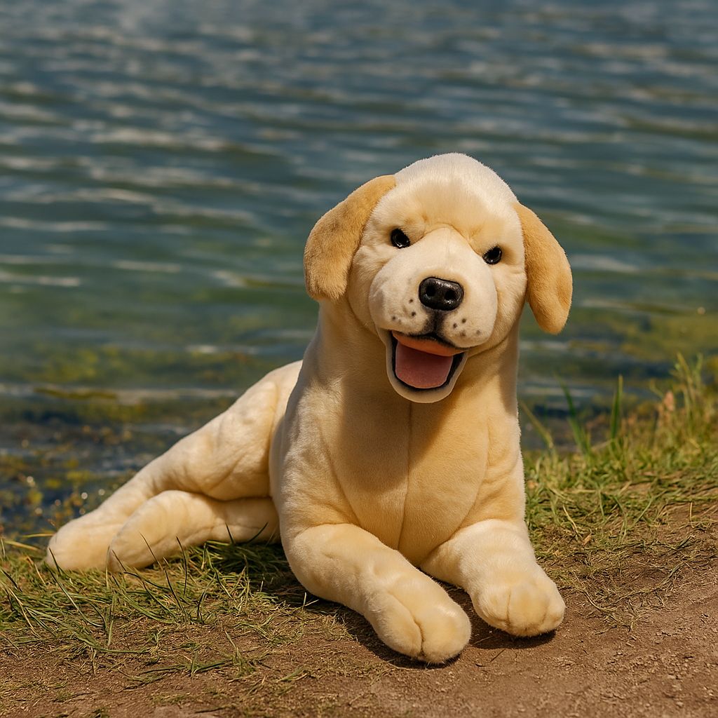 large plush Labrador soft toy in a lying position.