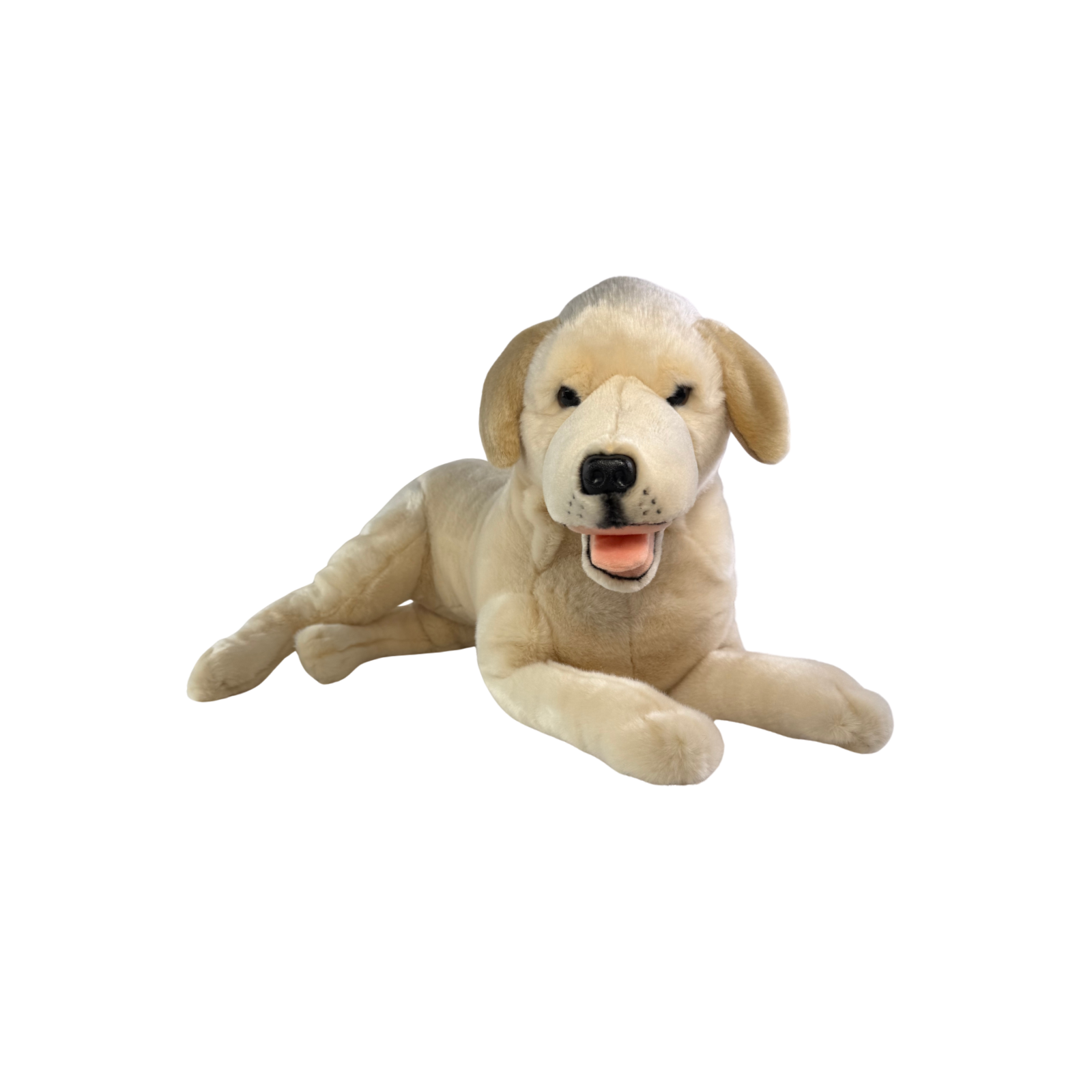 large plush Labrador soft toy in a lying position.