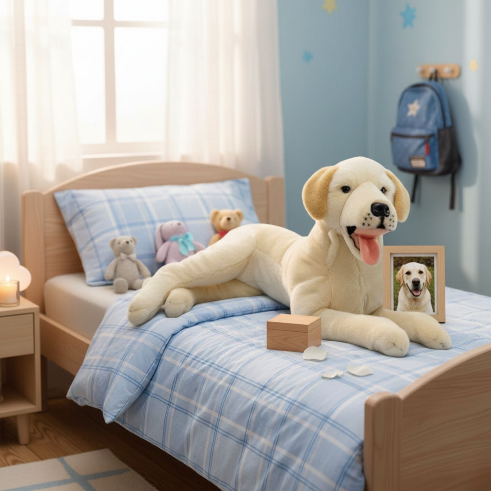 cream Labrador stuffed plush toy in a lying position