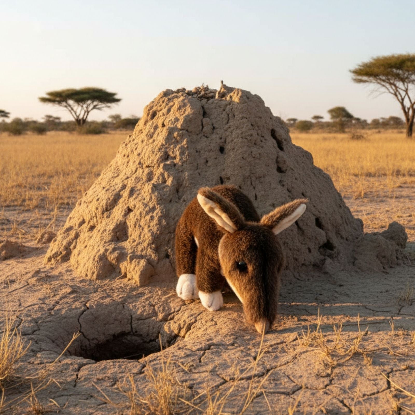 Plush toy bilby in front of a termite mound in a savannah setting