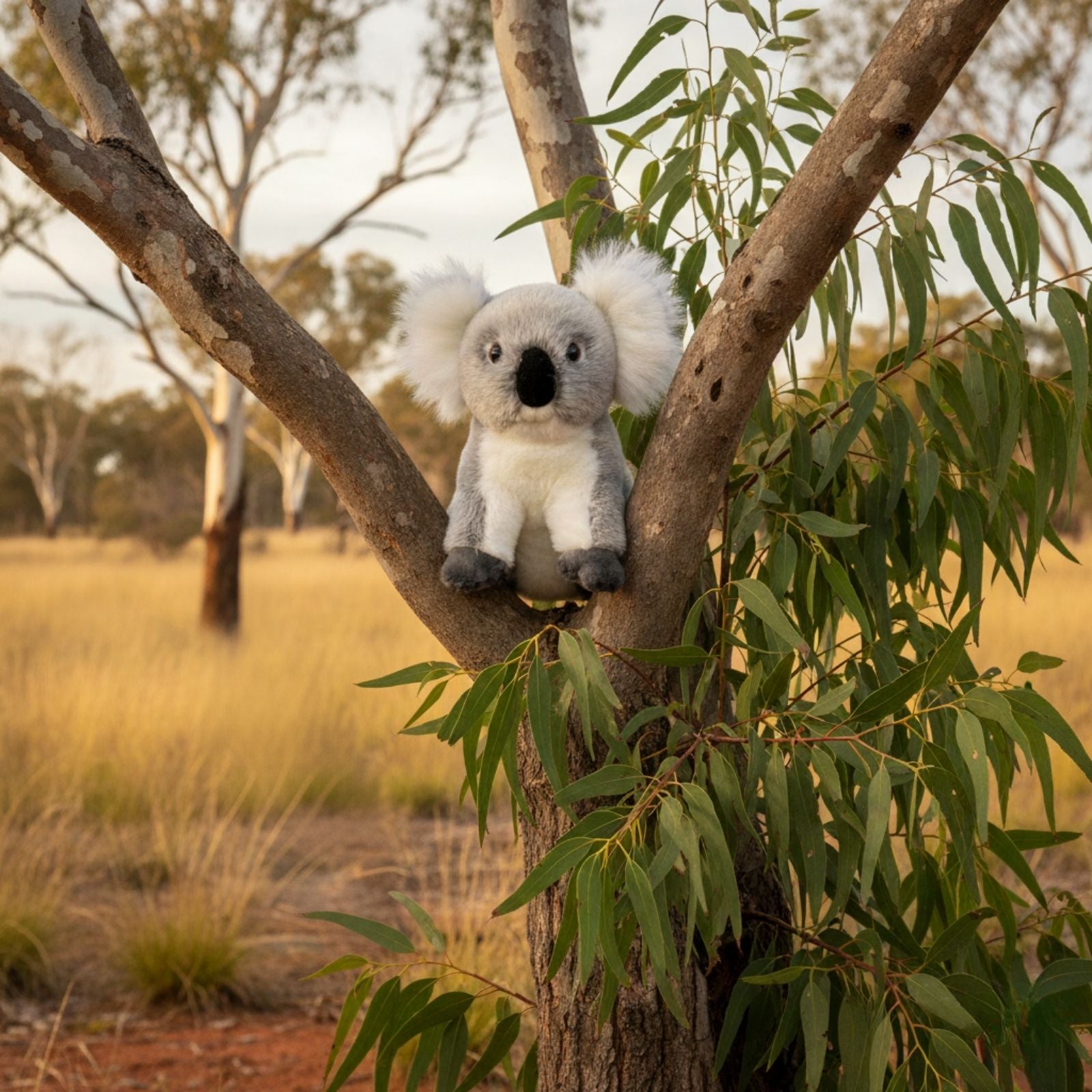 Stuffed koala toy in a eucalyptus tree with a natural background