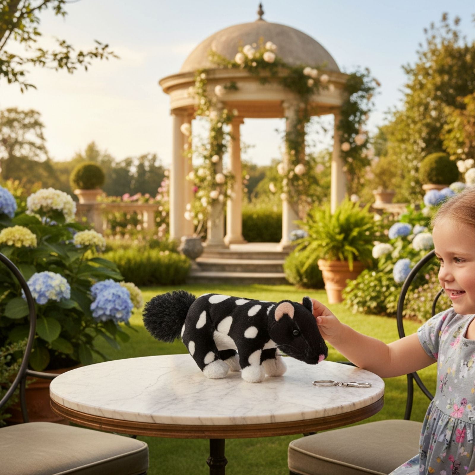 Child petting spotted mini plush quoll toy at garden table.