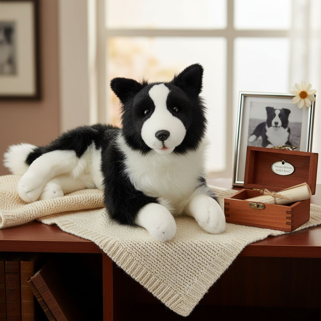 stuffed Border Collie plush toy in a lying position.
