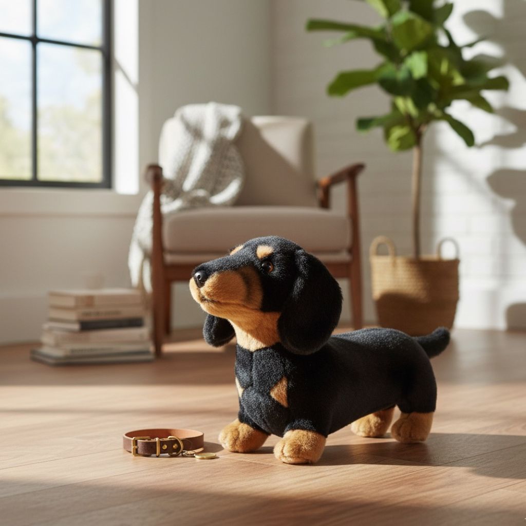 handcrafted plush black and tan Dachshund dog toy