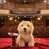 Chanel Golden Retriever in graduation hat on a stage