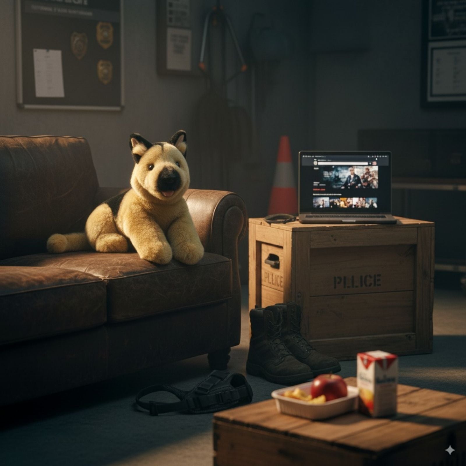 Chief German Shepherd plush toy sitting on a couch