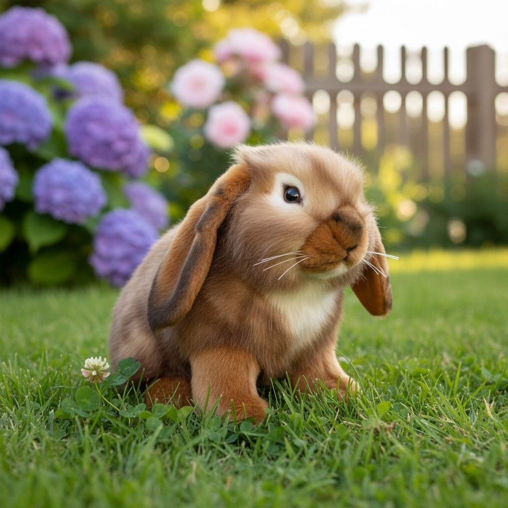 Cinnamon realistic Lop Eared Rabbit plush toy on the lawn
