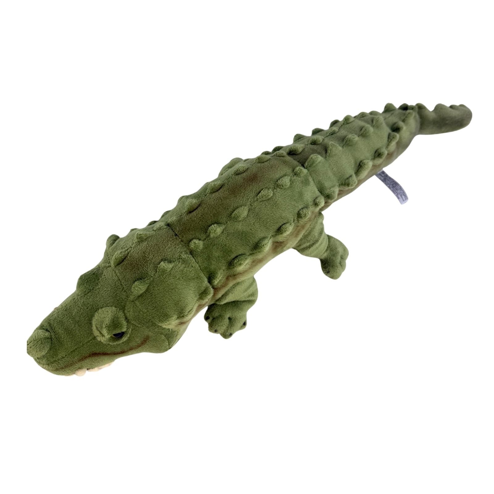Green crocodile-shaped plush toy on a white background
