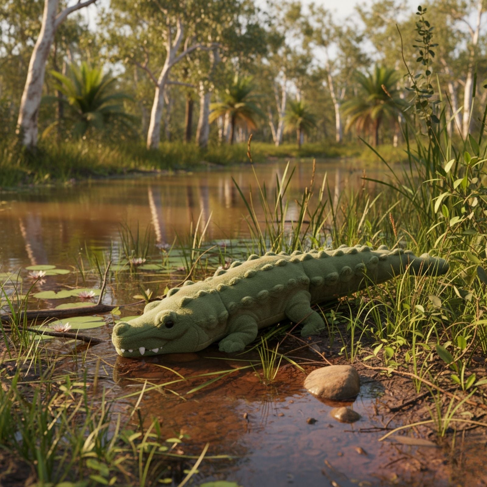 Plush crocodile toy on a natural setting with water and trees