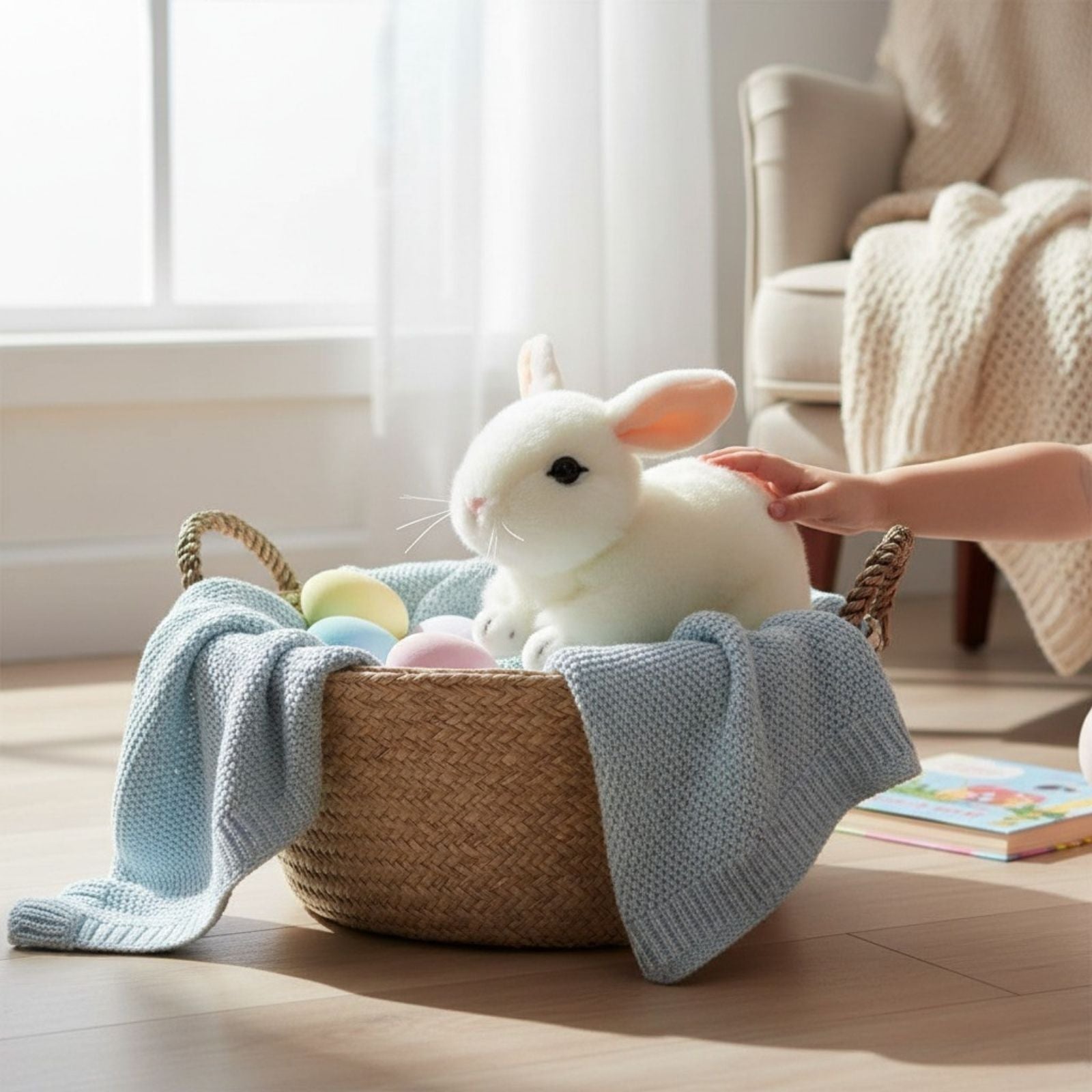Cotton bunny plush toy sitting inside a basket