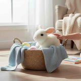 Cotton bunny plush toy sitting inside a basket