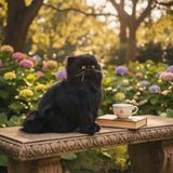 Crystal black Persian cat plush toy sitting on bench outdoors