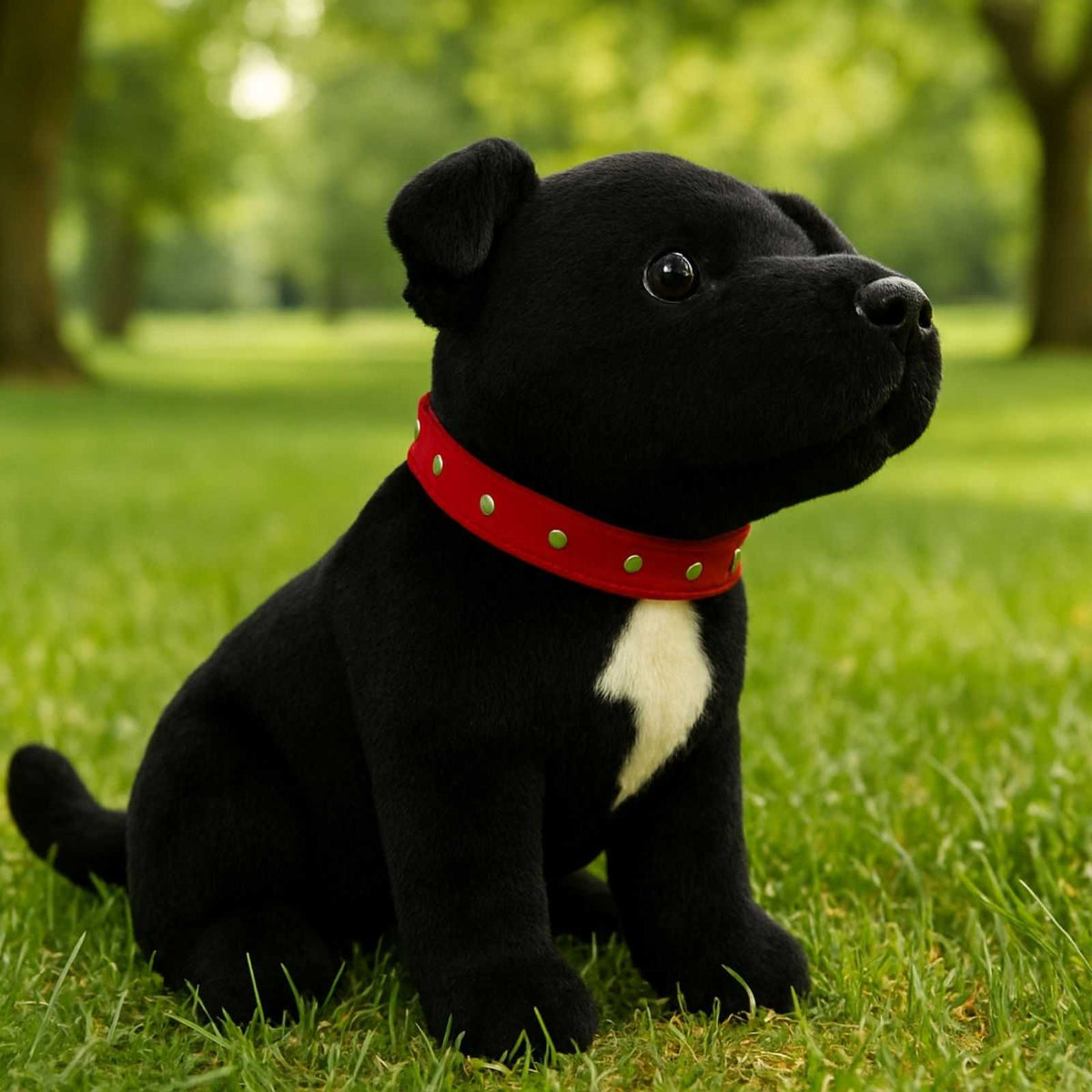 Black Staffy dog plush toy sitting outdoors