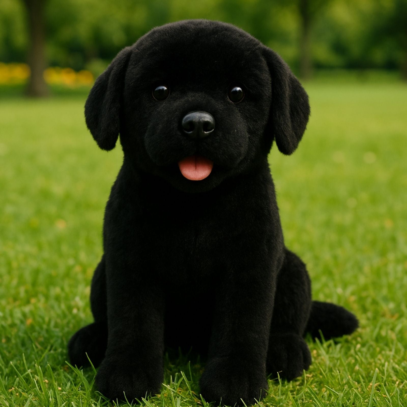 Darth black Labrador plush toy dog sitting outdoors