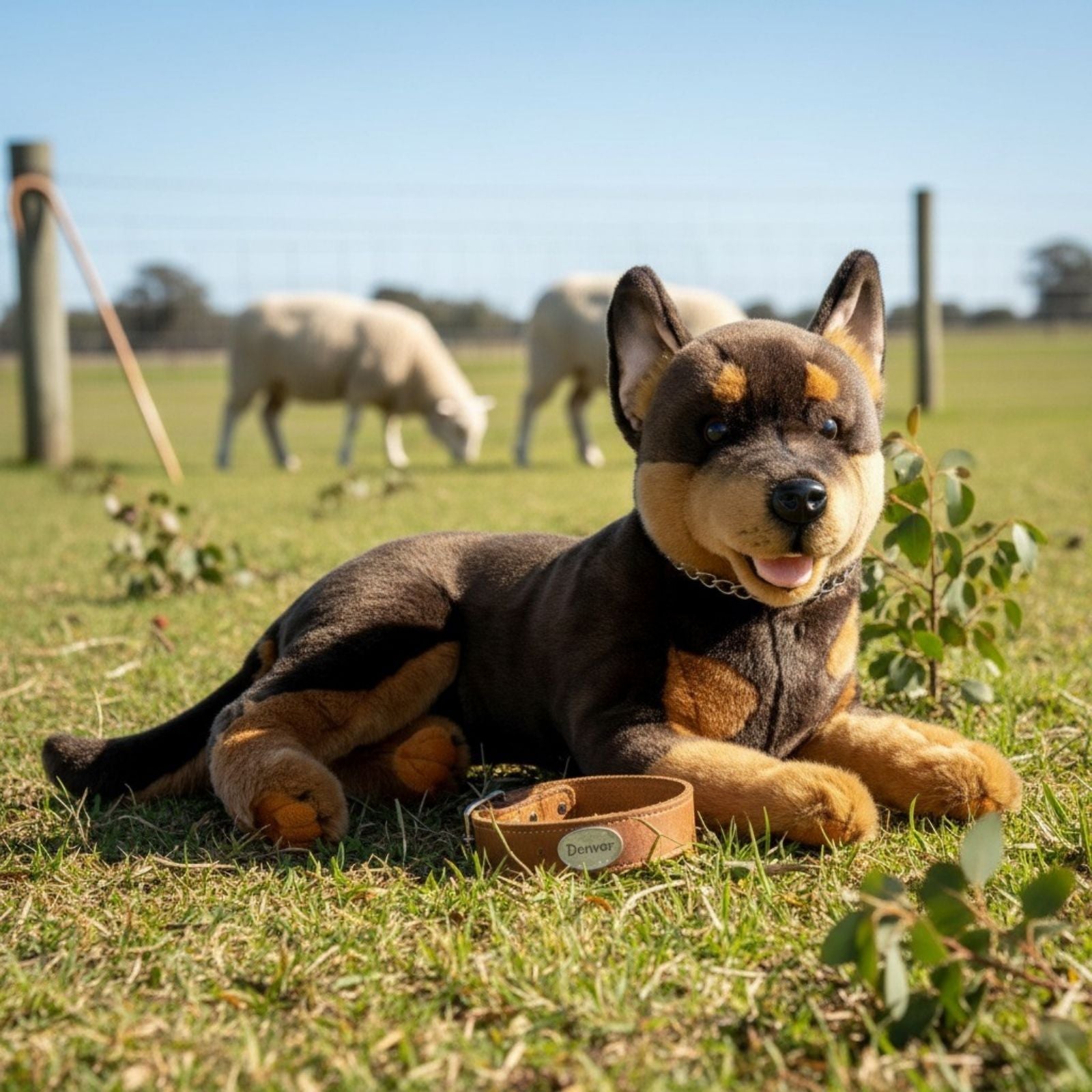 Denver dark brown Kelpie plush toy dog lying outdoors