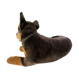 Denver dark brown Kelpie plush toy dog lying back view