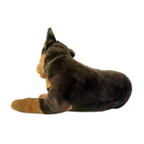 Denver dark brown Kelpie plush toy dog lying back view