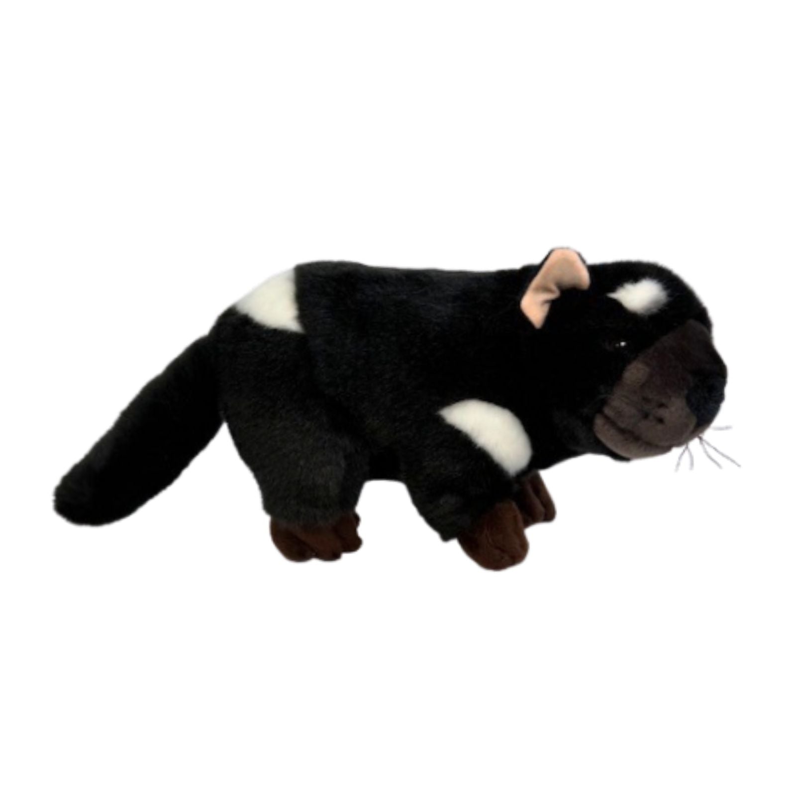 Plush toy resembling a black and white animal on a white background