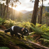 Plush toy resembling a Tasmanian Devil on a log in a forest setting with sunlight filtering through the trees.