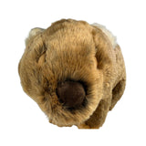 Close-up of a plush toy resembling a beaver's head on a white background