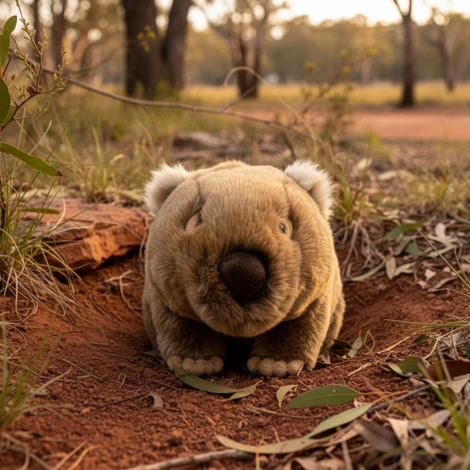 Stuffed wombat toy on a dirt path with natural background