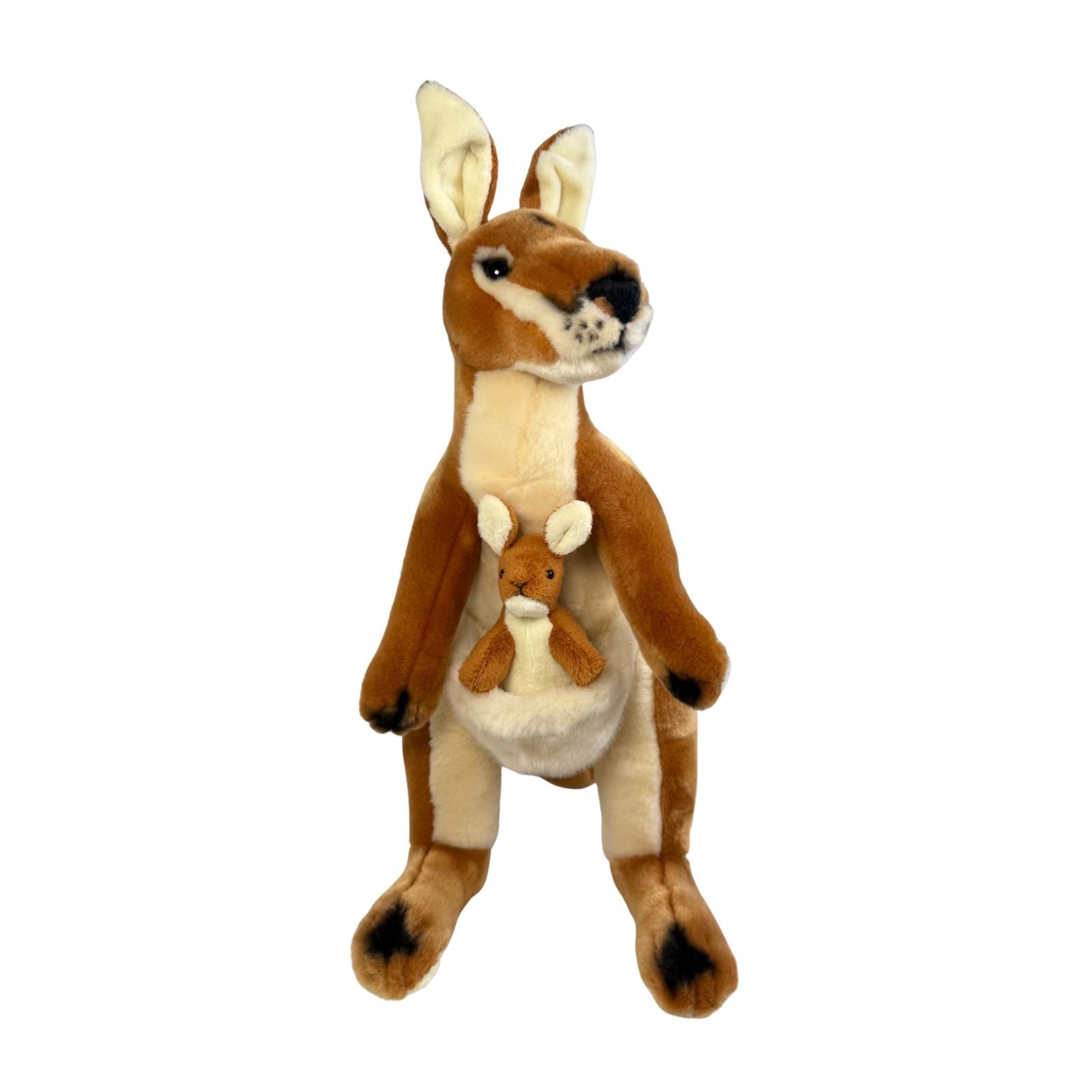 Plush kangaroo toy with a baby kangaroo in its pouch on a white background