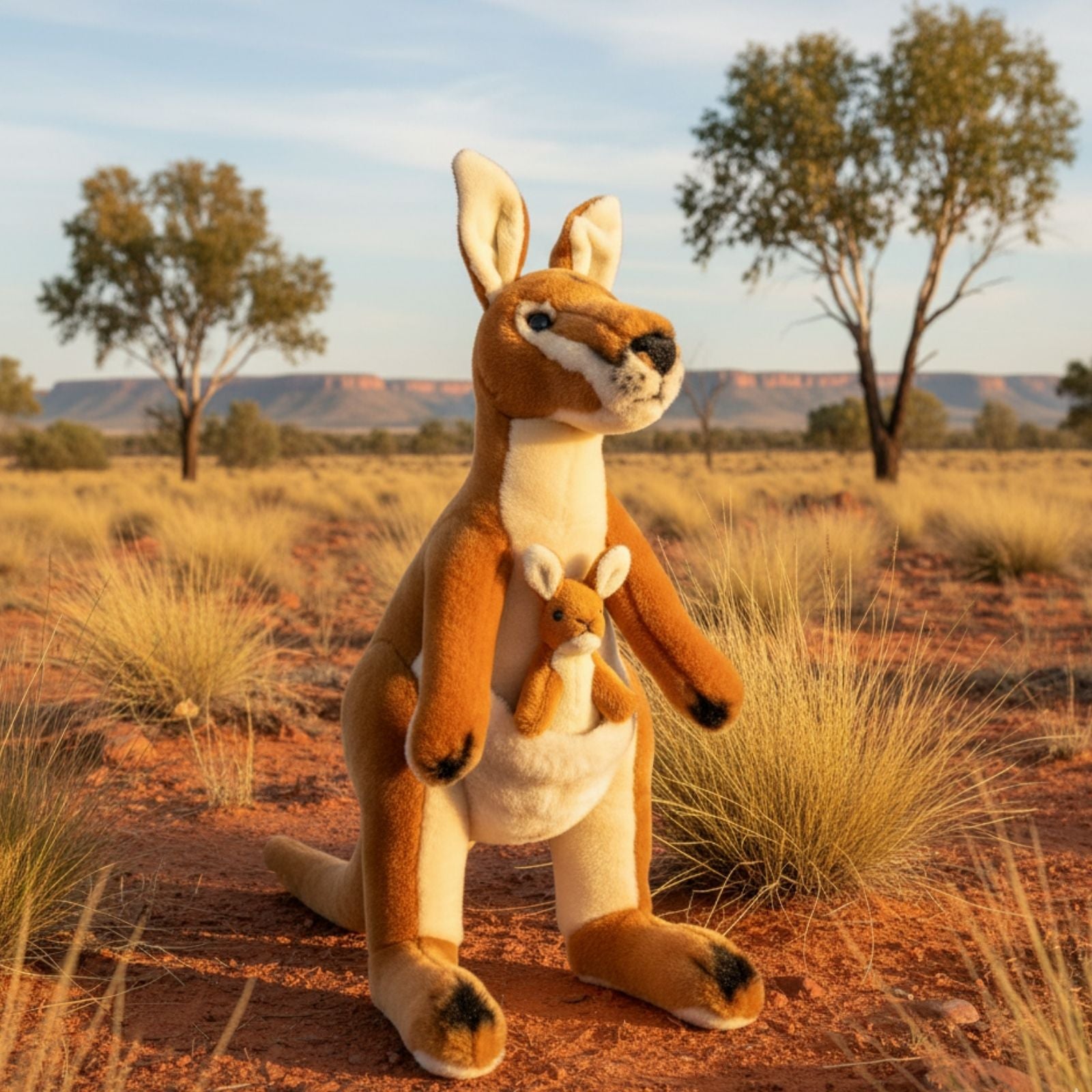 Plush kangaroo with a baby kangaroo on its back in a desert landscape