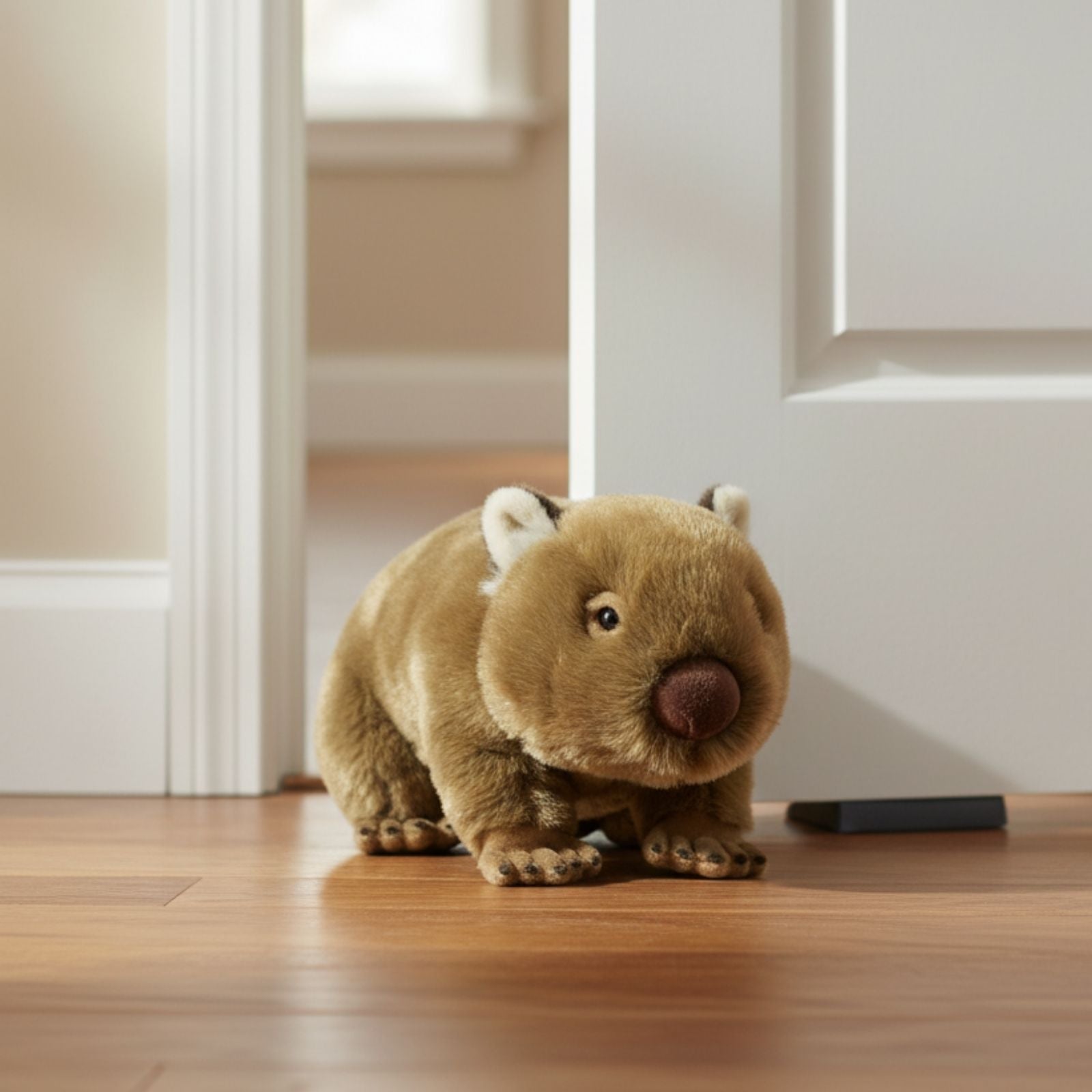 Plush toy wombat on a wooden floor with a neutral background