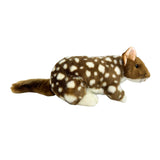 Plush toy of a Eastern quoll on a white background