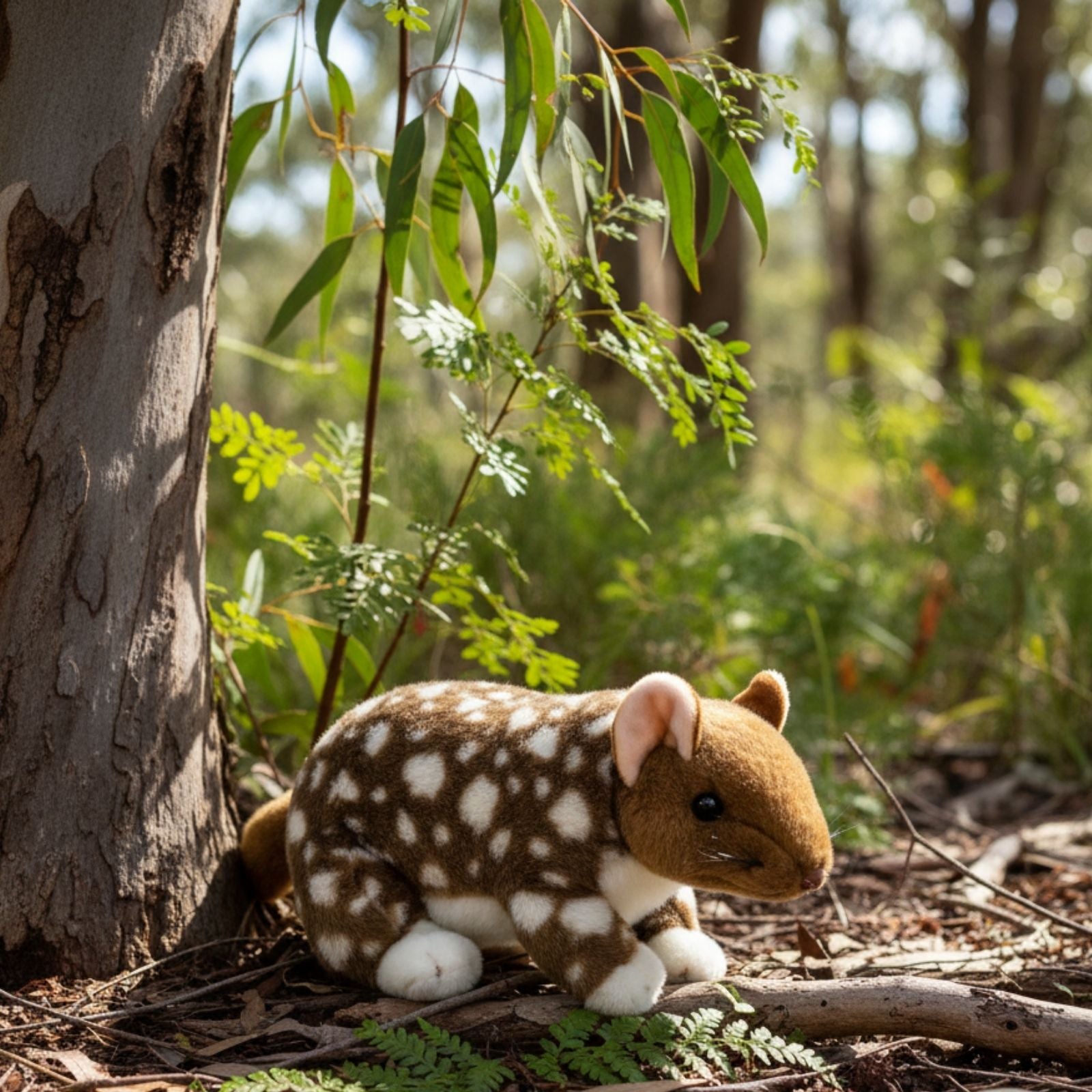 Plush toy resembling a Eastern quoll in a natural setting with trees and foliage.
