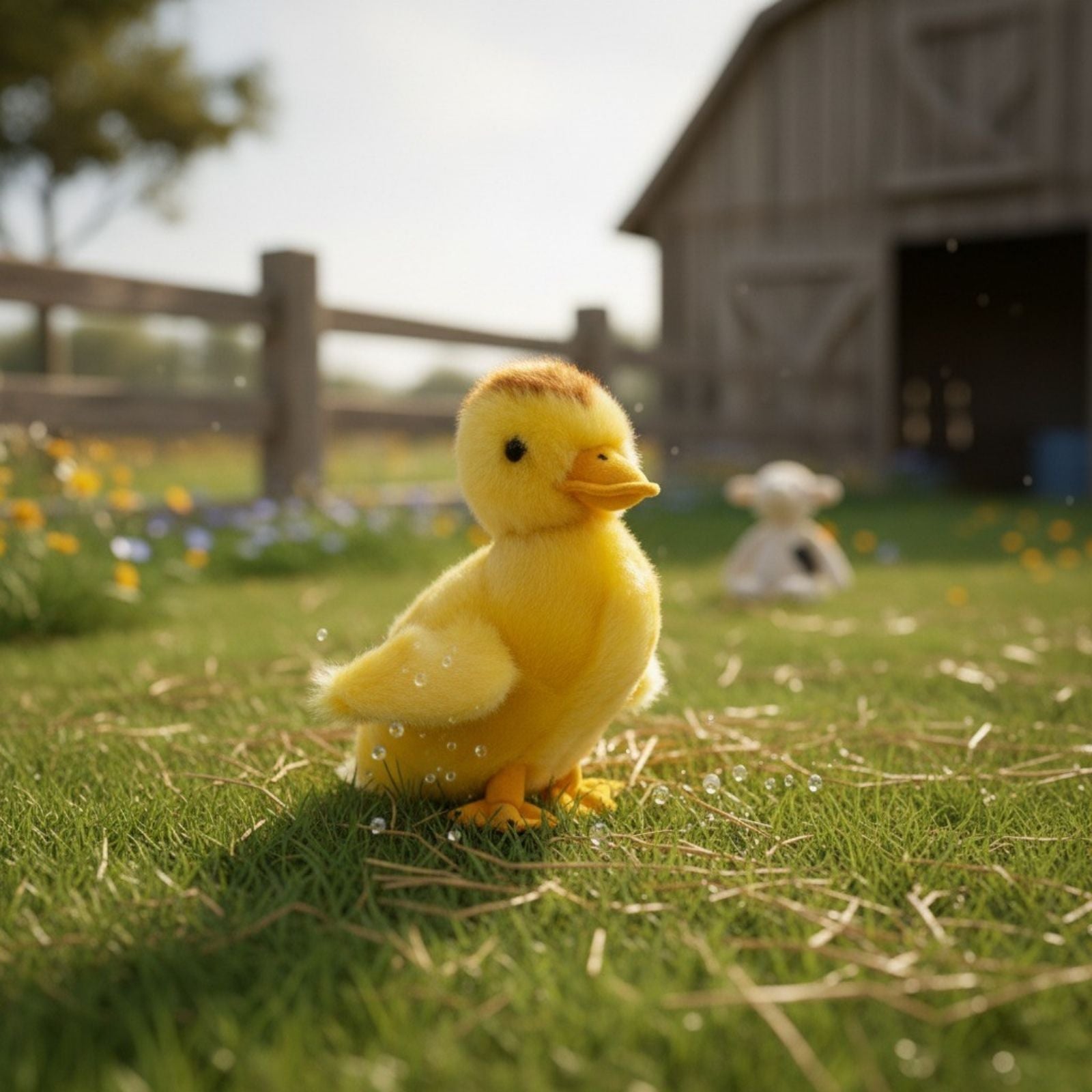 Duckling plush toy outdoors showing realistic details