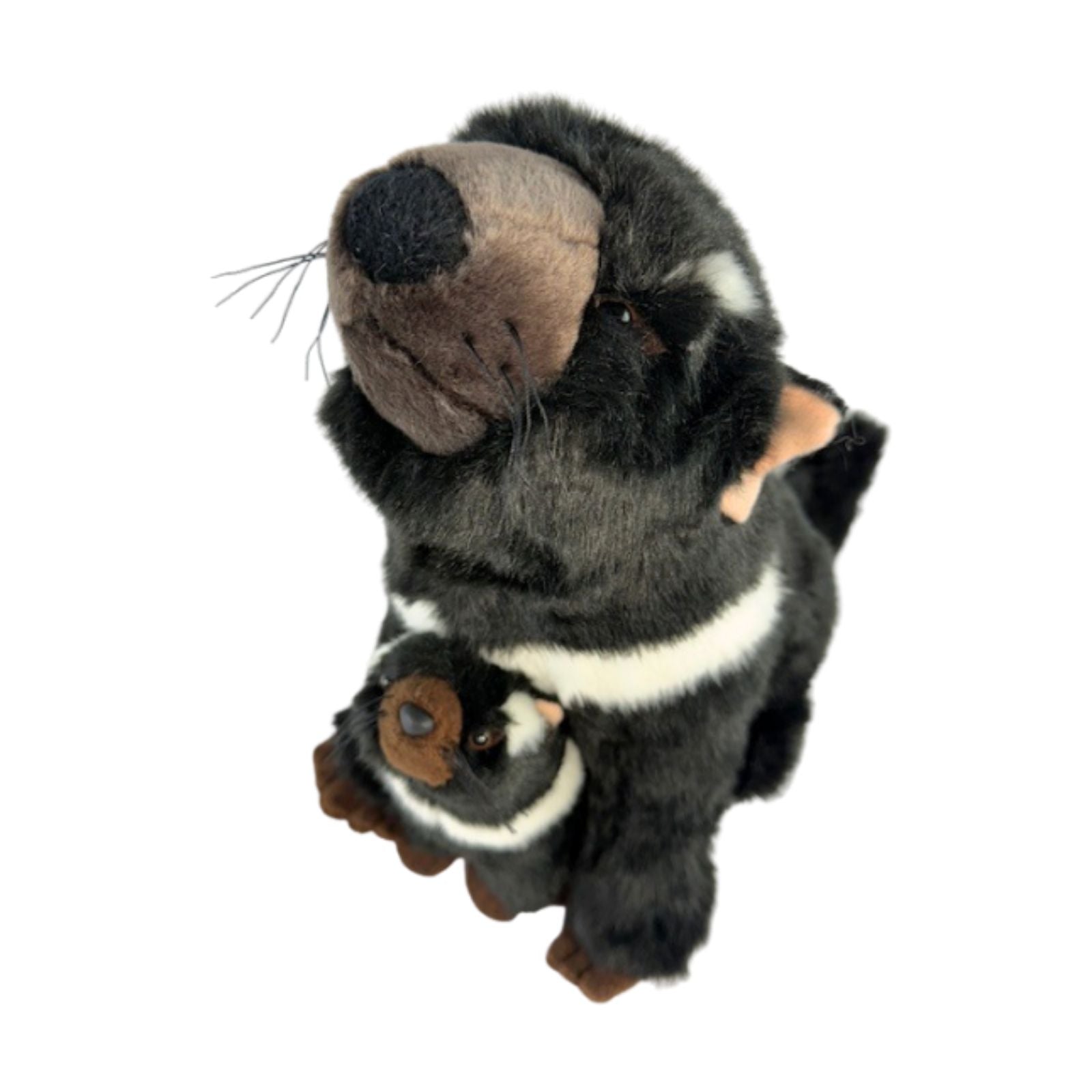Plush toy sloth with a smaller plush sloth on its back against a white background